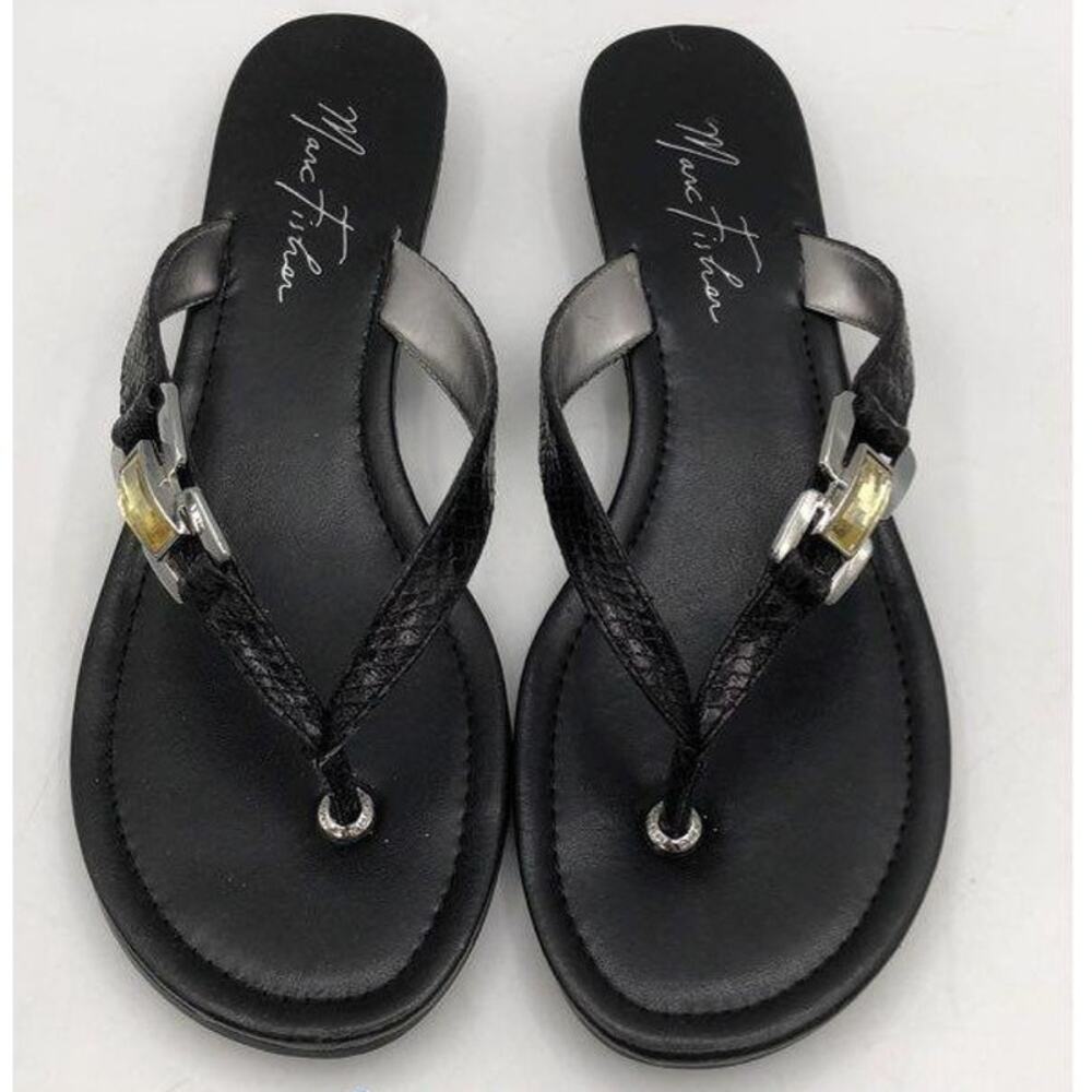 Women's Size 9 MARC FISHER Black Leather Reptile Embossed Flip Flop Sandals EUC